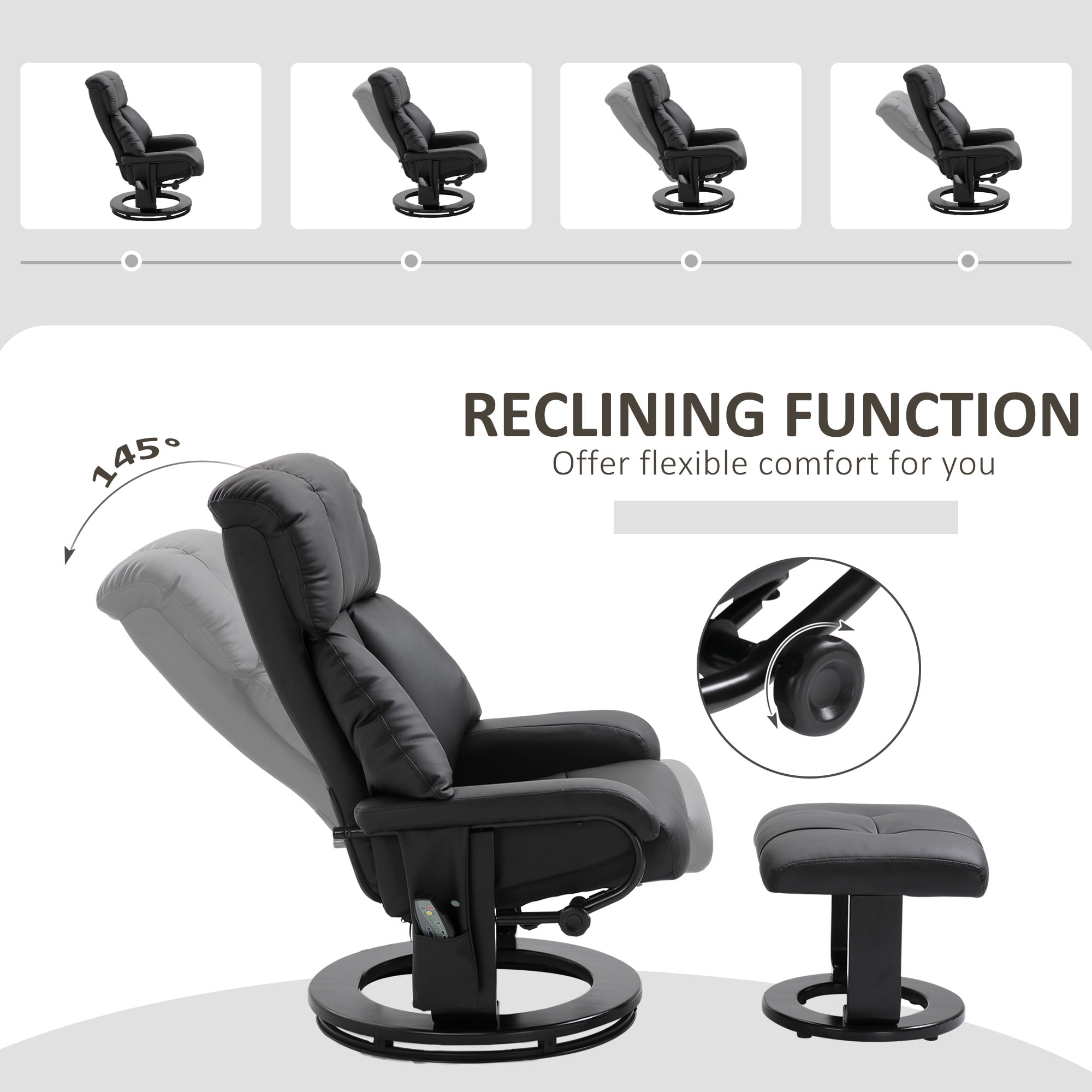 HOMCOM Massage Recliner Chair with Ottoman, 360° Swivel Recliner and Footstool, 10 Point Vibration, PU Leather Reclining Chair with Side Pocket and Remote Control, Black