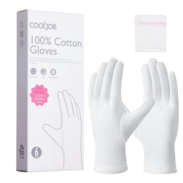 Guantes COOLJOB de algodón 100% para hidratación, blancos, 6 pares