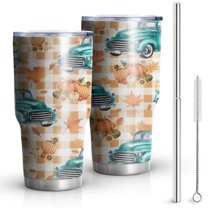 30oz Trucks Pumpkins Fall Leaves Pattern Tumblers Stainless Steel Tumbler with Lid and Straw,Vacuum Insulated Double Wall Travel Tumbler Cups Mug with Cleaning Brush for Coffee,Tea