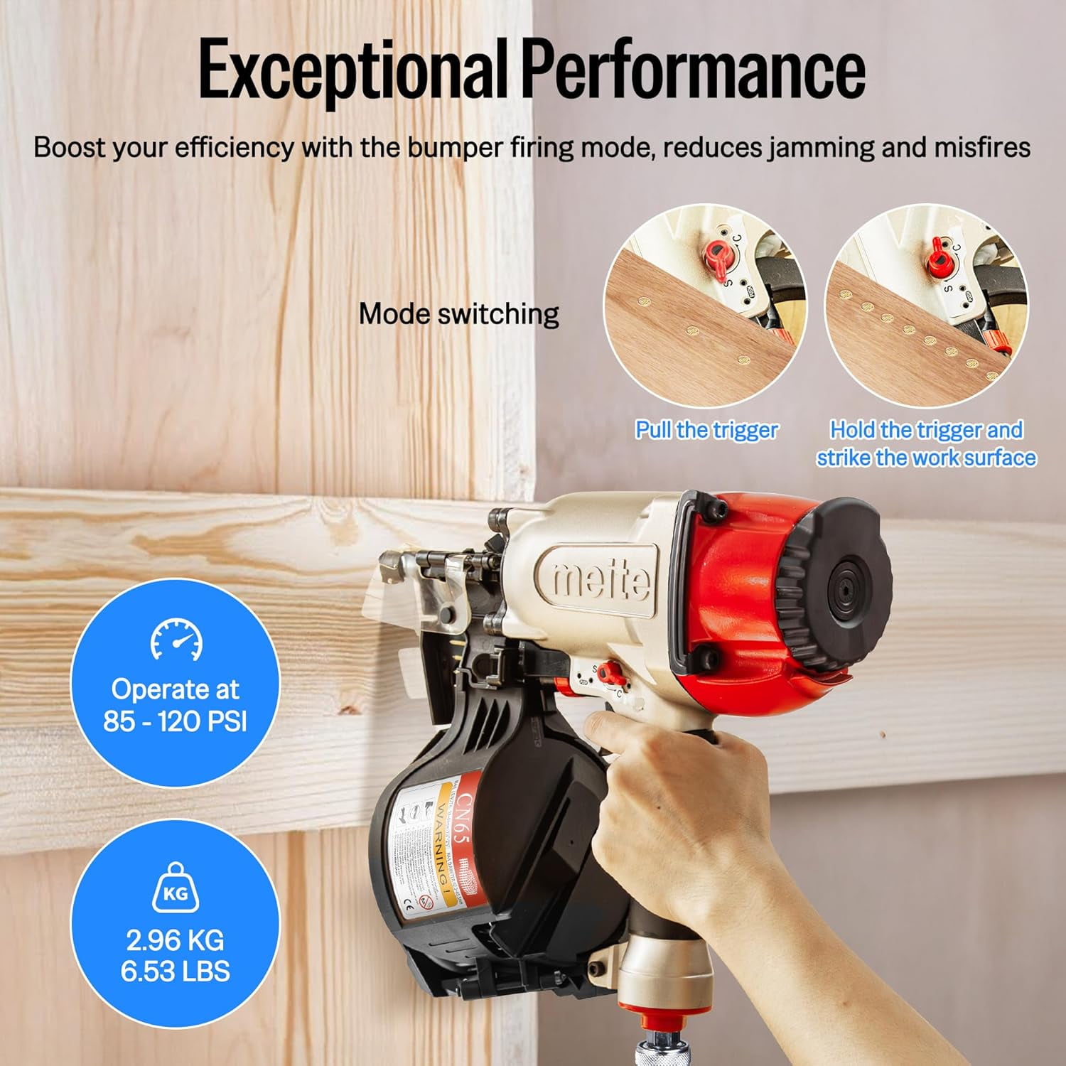meite Pneumatic Coil Decking Nailer CN65, Drives 15 Degree 1-1/2" to 2-1/2" Length Coil Nails for Siding, Sheathing, Fencing, Roofing