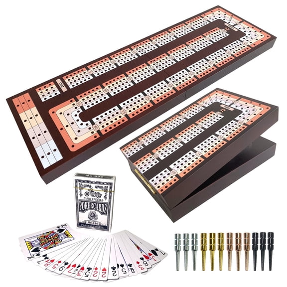 FINENI Foldable Cribbage Board Game Set (4 Track), Premium Wooden Foldable Board with Magnetic Lock, 12 Metal Pegs, Playing Cards with Travel Portable – Continuous 4 Track Board