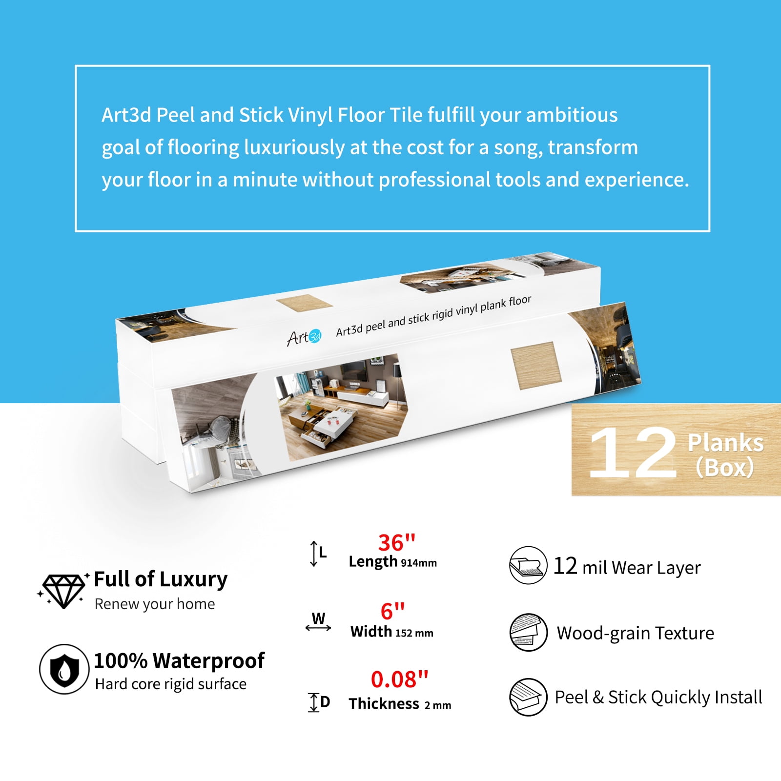 Art3d Peel and Stick Floor Tile Vinyl Wood Plank 12-Pack 18 Sq.Ft，Aspen Yellow，Rigid Surface Hard Core Adhesive Flooring