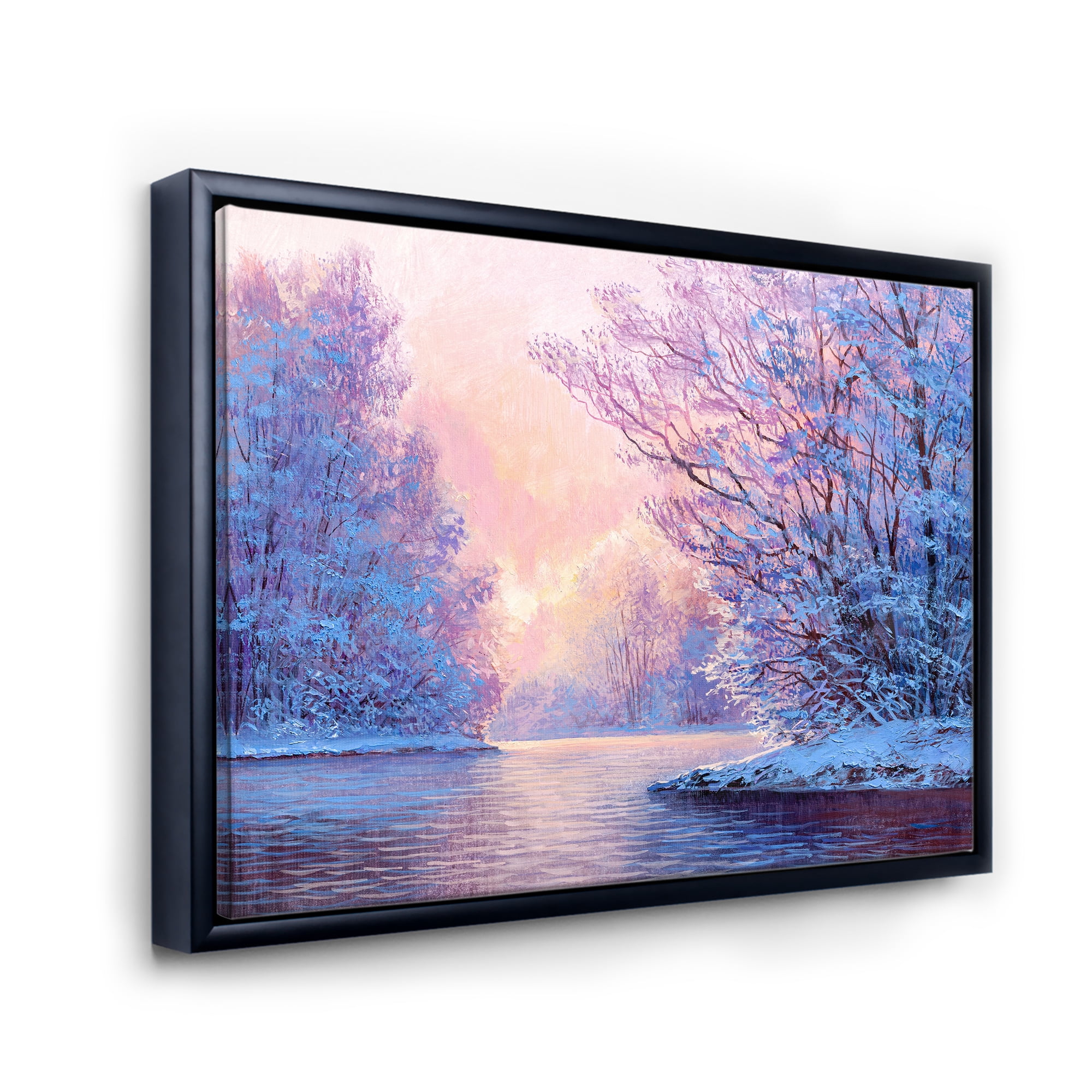 Designart 'The River Original With Winter Landscape' Lake House Framed Canvas Wall Art Print