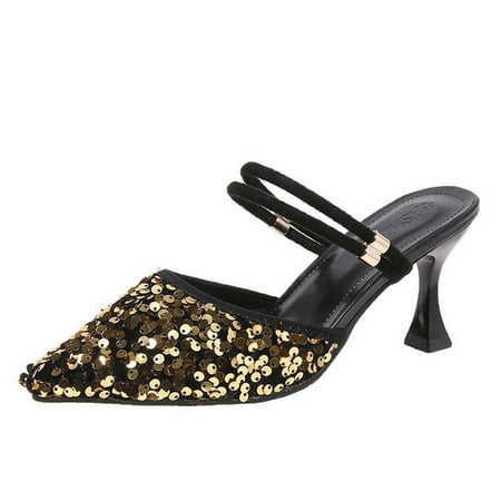 

UHUYA Womens Sandals Pointed Toe Mid Stiletto Pump Heeled Sandals Summer Fashion Pointed Head Slippers Middle Heel Casual Slippers Gold 36