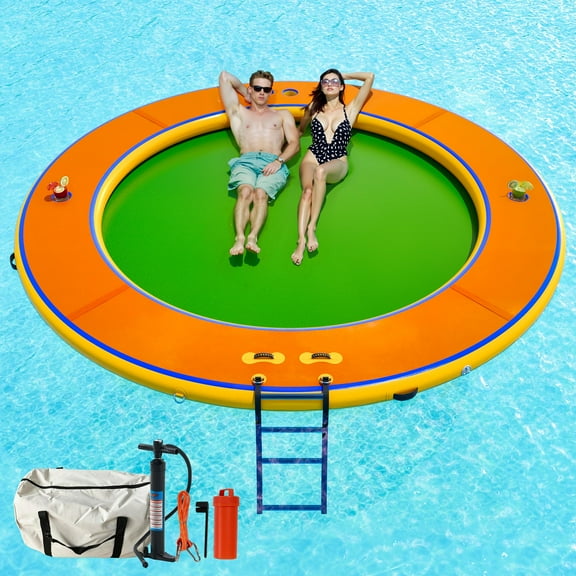 Jocisland 12 ft Round Floating Ring Inflatable Water Hammock with Soft Ladder, Heavy Duty Lake Raft for Pool and Lake, Inflatable Raft Fits Multiple People, Orange&Green