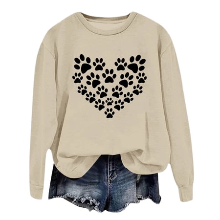 FYEGRE Women s Hoodless Sweatshirt Cute Dog Paw Print Heart Graphic Long Sleeve Crewneck Casual Tee Tops Beige S