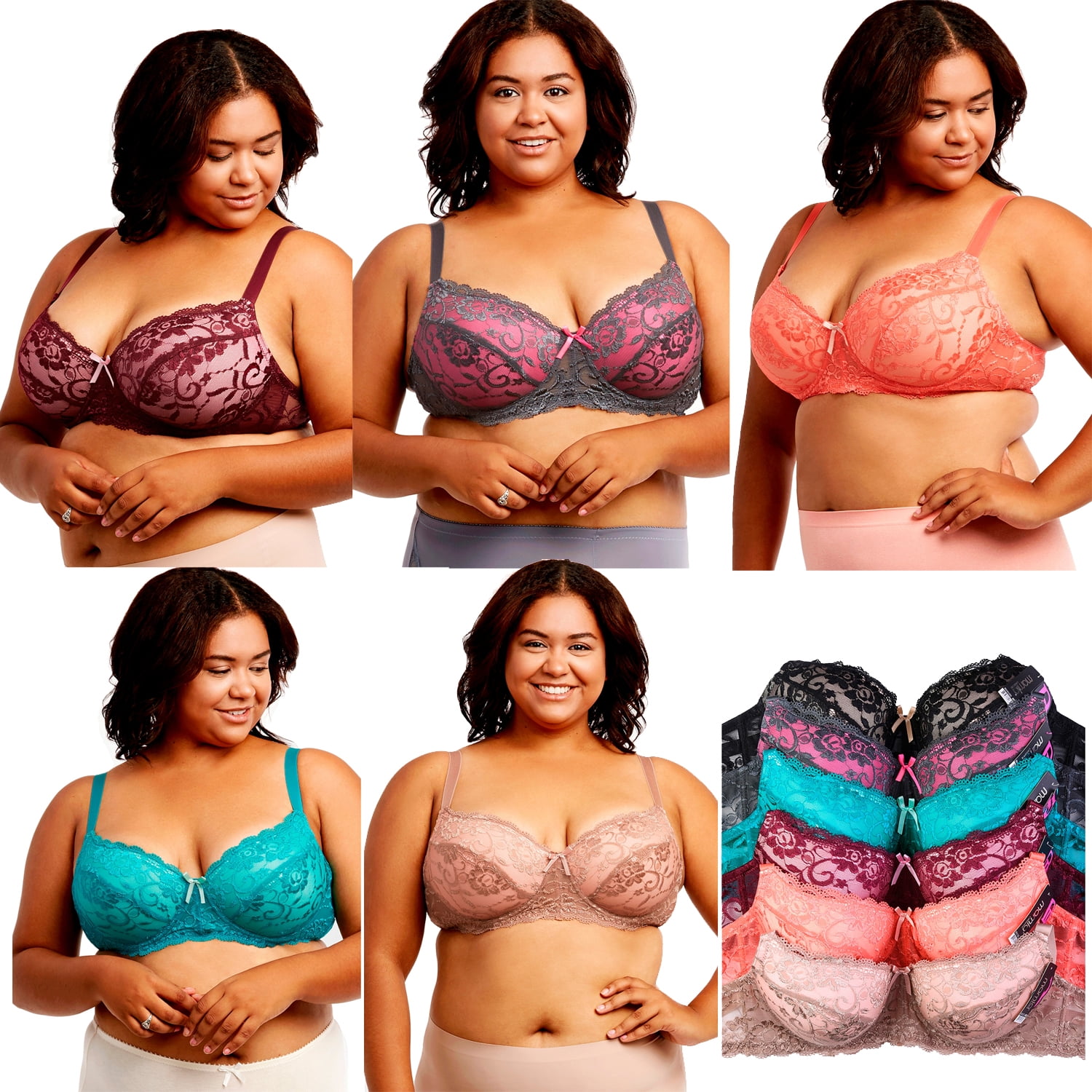 Mamia Ladies Full Cup Lace DD Cup Bra, 3 Hooks - 6 Bras Bundle Deal 