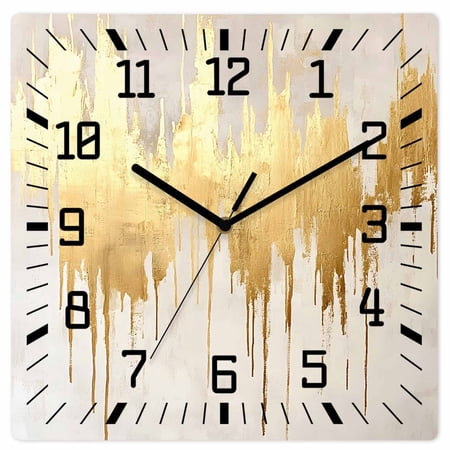Modern Gold Wooden Wall Clock Silent Non Ticking, Abstract Minimalist Grunge Art Color Block Square Wall Clocks Battery Operated, Decor Clock for Home Office, Living Room, Kitchen, 10 Inch