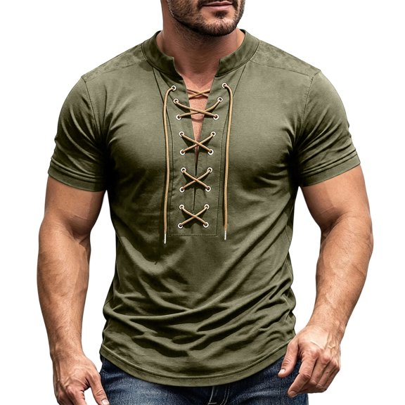Mens Lace Up Tshirt Short Sleeve V Neck Casual Summer Beach Vacation Top Army Green 2XL