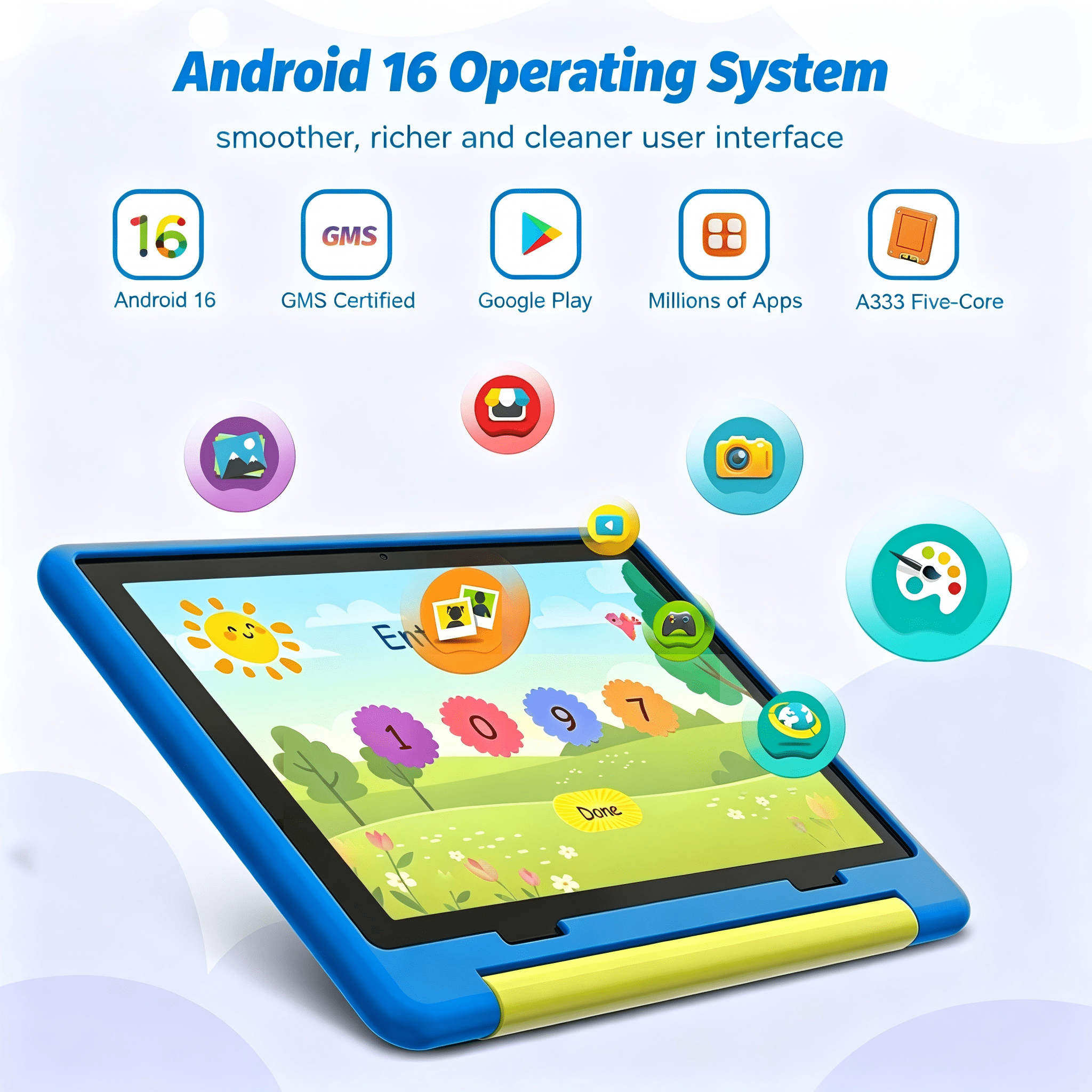 BESTSKI Kids Tablet 10-Inch Android 16 for Ages 3-12, 5-Core 20GB+64GB (1TB Expandable), Parental Control, Pre-Installed KIDOZ & Shockproof Case (Blue)