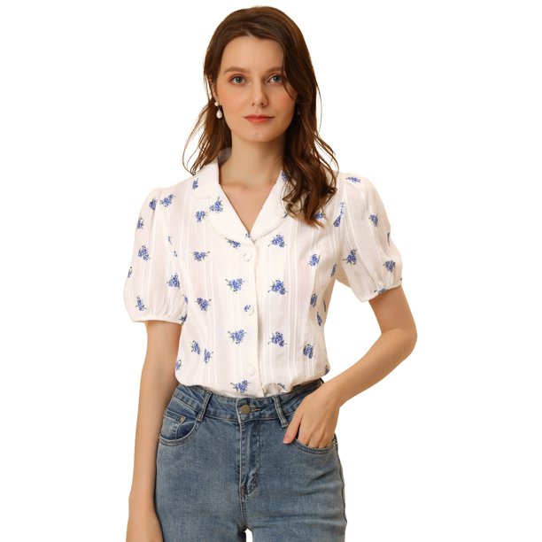 Blusa con estampado semitransparente para mujer con cuello de muesca y camisa elegante con botones blanco L