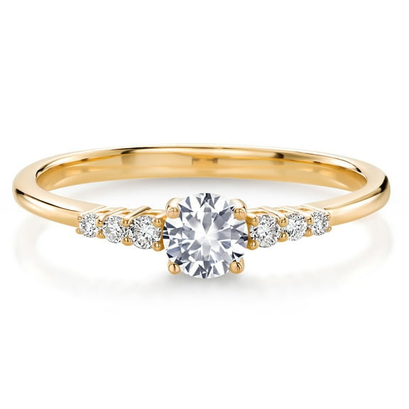 Gem Stone King 10K Yellow Gold White Created Sapphire and Lab Grown Diamond Engagement Women Ring | 0.34 Cttw | Round 4MM | Gemstone September Birthstone | Wedding Anniversary Promise Ring | Size 8