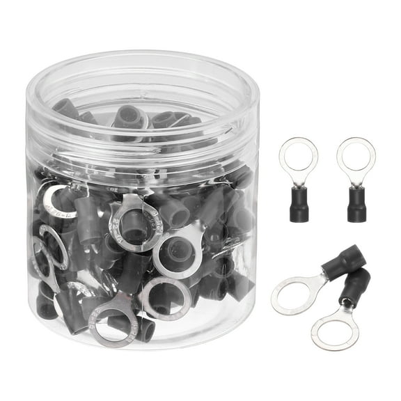 Uxcell 100Pcs Insulated Ring Terminal RV1.25-8 Battery Lugs 22-16AWG Electrical Crimp Terminals Eyelet Wire Connectors for Industrial, Electrical Wiring, Black