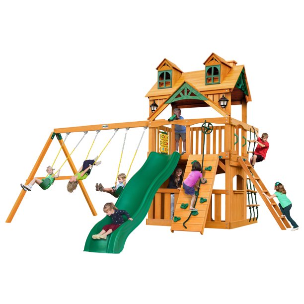 Gorilla Playsets Chateau Clubhouse Swing Set with Malibu Wood Roof, 2