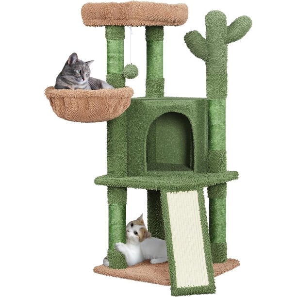 Wangone 42in Cat Tree Tower for Indoor Cats with Scratching Post & Condo, Multi-Level Cactus Cat Tower with Plush Perch, Basket & Toy Ball for Play & Rest-Green/Brown