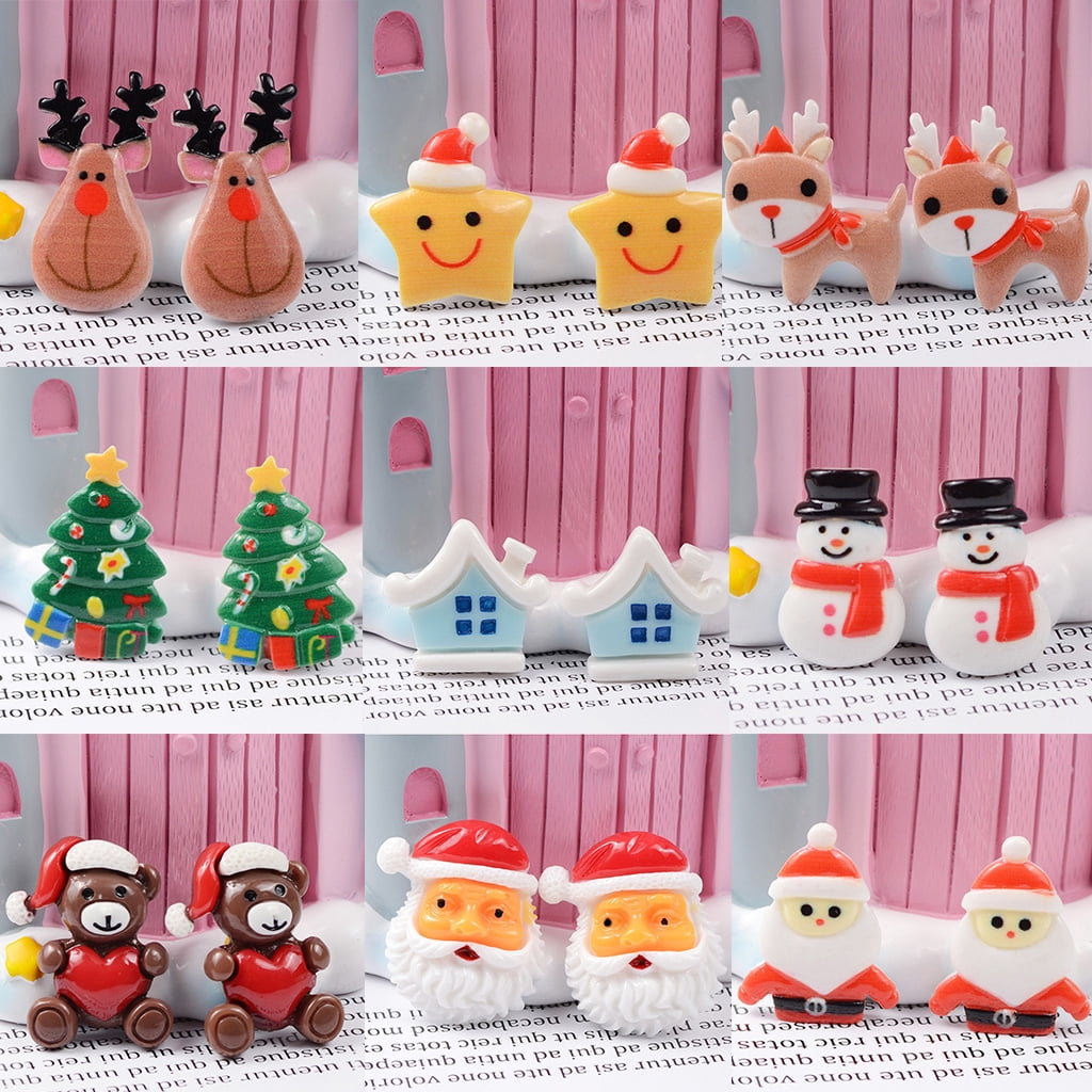 Techinal 100Pcs Christmas Flatback Buttons Cartoon Santa Claus Xmas Tree Resin Embellishments Slime Charms for DIY Crafts Scrapboo