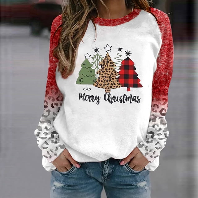 Qertyioot Sweat-shirt d'Impression de Christmas de Mode de Femmes Pull Col Rond à Manches Longues