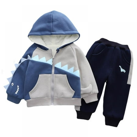 

Bobora Winter Boys Sports Suit Plush Dinosaur Contrast Zipper Jacket + Trousers Two-Piece Set