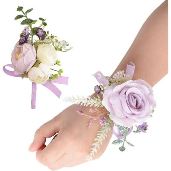 Wrist Corsage Boutonniere Set, 2PCS Purple Artificial Corsage Flower Bracelet Wristband Roses Men Boutonniere for Prom Wedding Bridesmaid Mother Grandmother