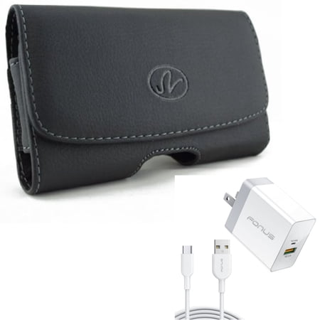 Swivel Leather Case Belt Clip w 6ft Long Cable Fast Type-C 36W PD Home Charger for Acer Liquid Jade Primo - ASUS ROG Phone ZenFone 6 - AT&T Fusion Z - BLU G9 G90 Pro - BOLD N1 - CAT S62 Pro