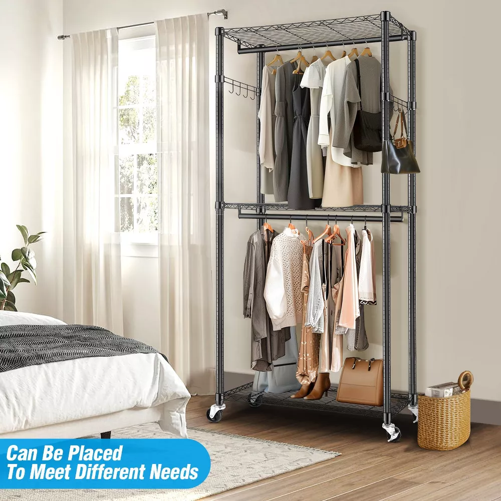 Sailvan Heavy Duty Clothing Rack with 3 Tier Adjustable Shelves, Double Rod Rolling Garment Rack, Small Space Freestanding Closet Wardrobe 16.54"D x 35.43"W x 80.71"H,Gray
