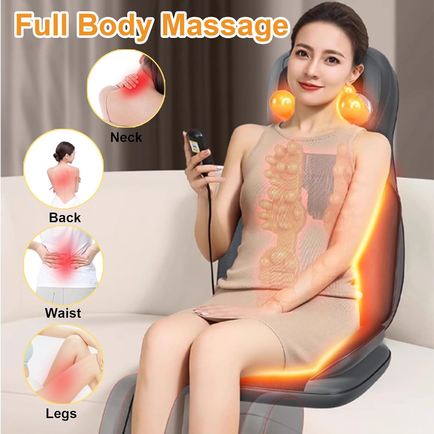 Massage Chair Pad with Seat Cushion, Full Body Shiatsu Back Neck Massager with Heat for Home Office, 1-Pack