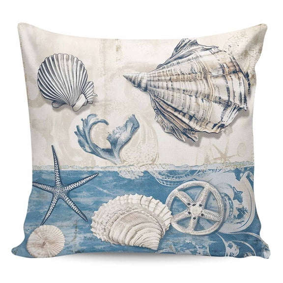 Throw Pillow Covers 24x24 Inch, Navy Blue Coastal Decorative Pillow Cases for Couch Sofa Bed, Vintage Ocean Beach Shell Starfish Cotton Linen Square Home Decor Pillowcases with Hidden Zipper
