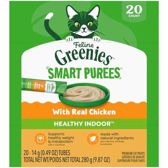 Greenies Feline Smart Purees Chicken Healthy Indoor Lickable Cat Treats, 0.49 Oz Tubes (20 Count)