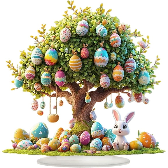 Easter Egg Tree Decoration, Acrylic Desktop Display Stand with Colorful Eggs and Bunny, 25.5cm x 25cm, Waterproof 2D HD Printing Art