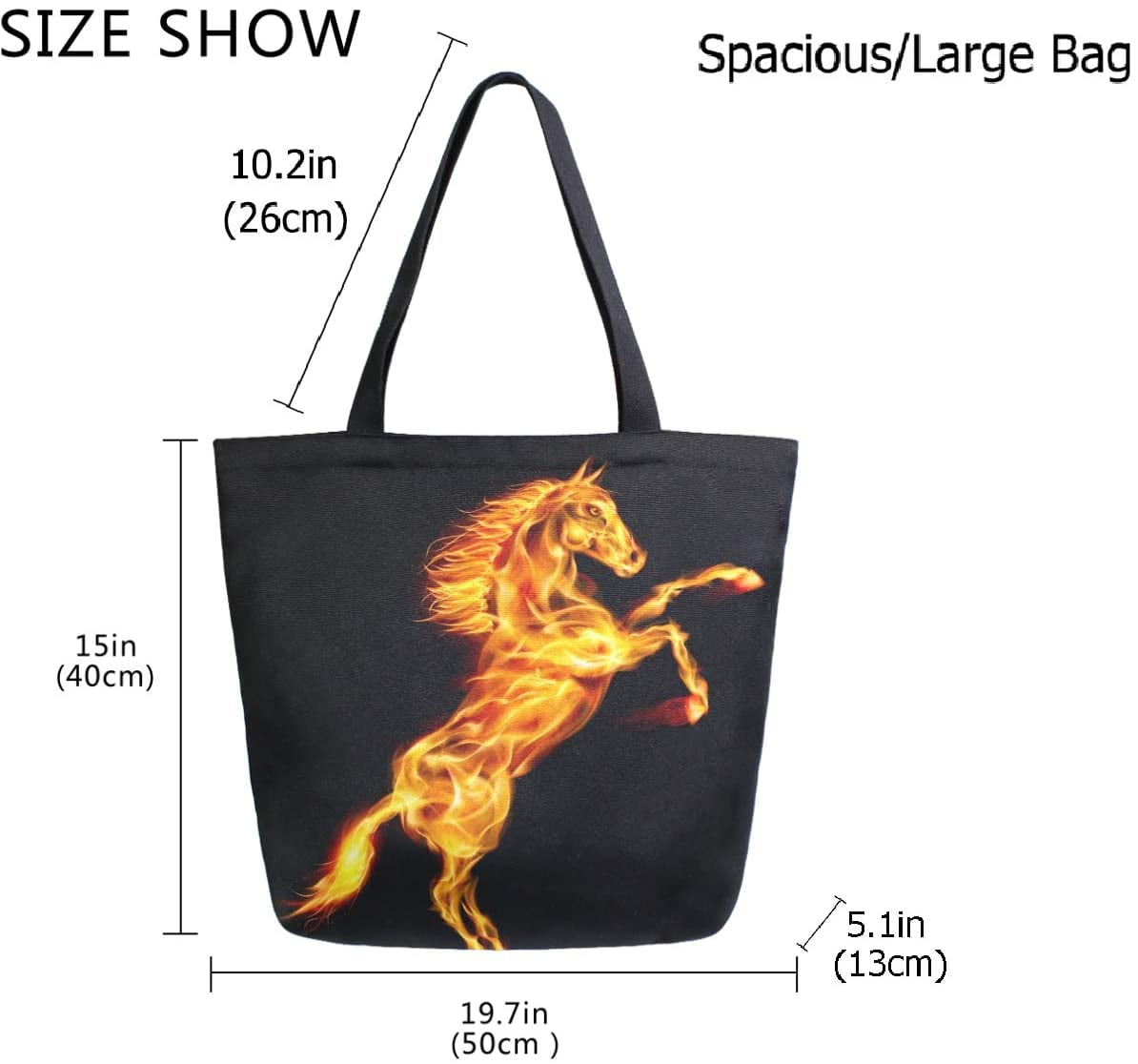 ZzWwR Magic Fire Pegasus Print Extra Large Canvas Portable Tote Shoulder Bag for Gym Beach Weekender School Travel Daily Reusable Grocery Shopping,Black