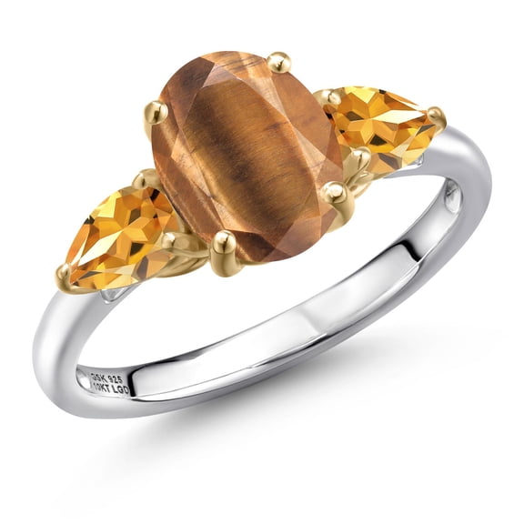 Gem Stone King 925 Silver and 10K Yellow Gold Brown Tiger Eye and Yellow Citrine Engagement Ring for Women | 2.16 Cttw | Oval 9X7MM | Gemstone Birthstone | Size 6