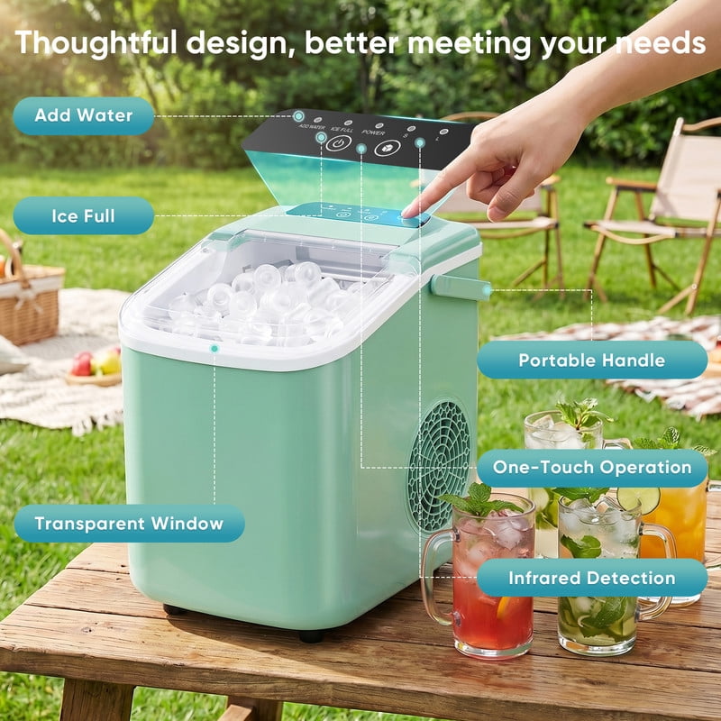 Gianna Ice Maker, Nugget Ice Makers Countertop, Portable Handle, 26lbs Daily, 9 Bullet Cubes in 6~8 Mins, Self-Cleaning with Basket and Scoop for Home，Kitchen，Green