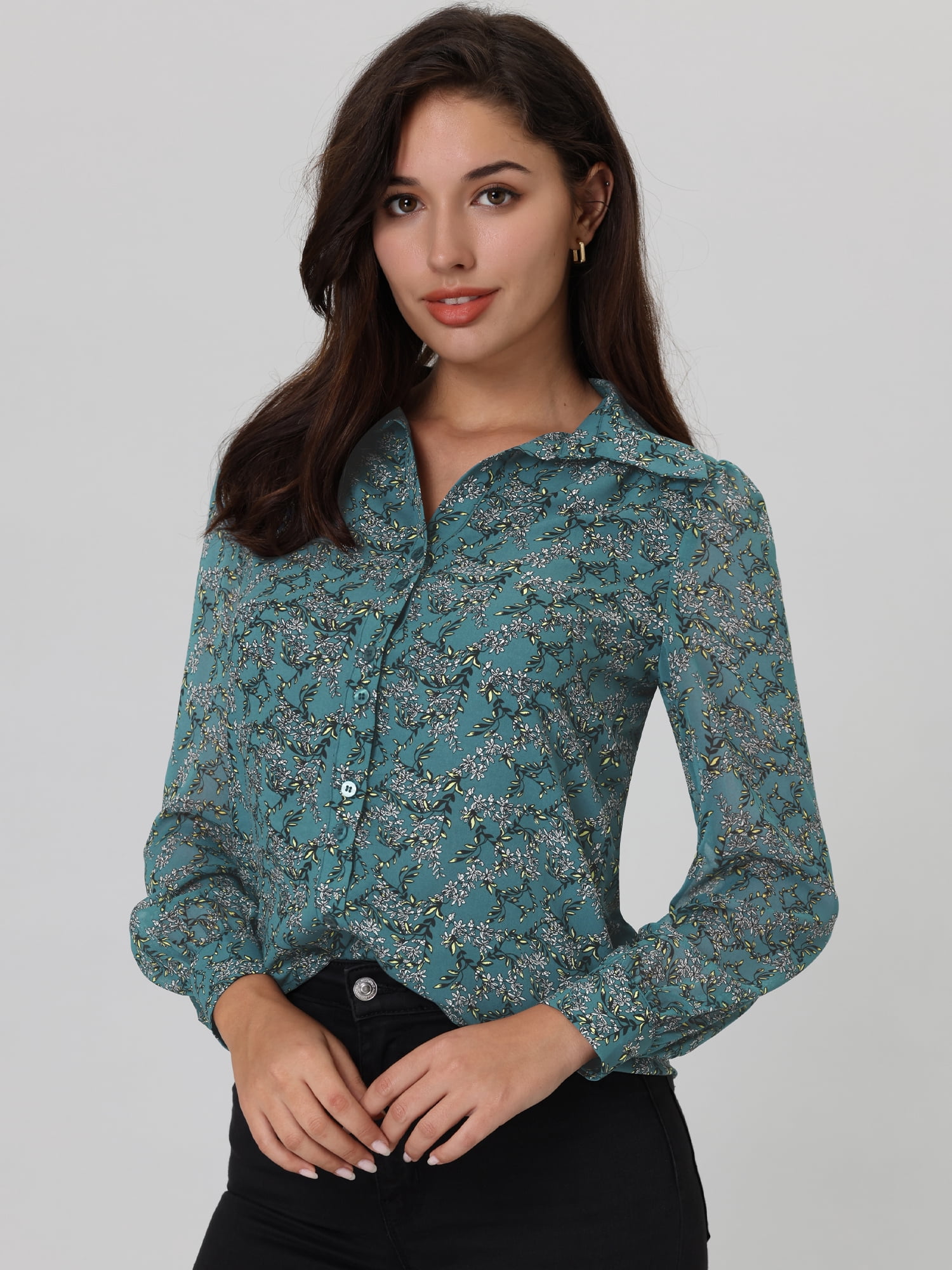 Unique Bargains Women's Floral Point Collar Long Sleeve Button Down Shirts S Dark Blue