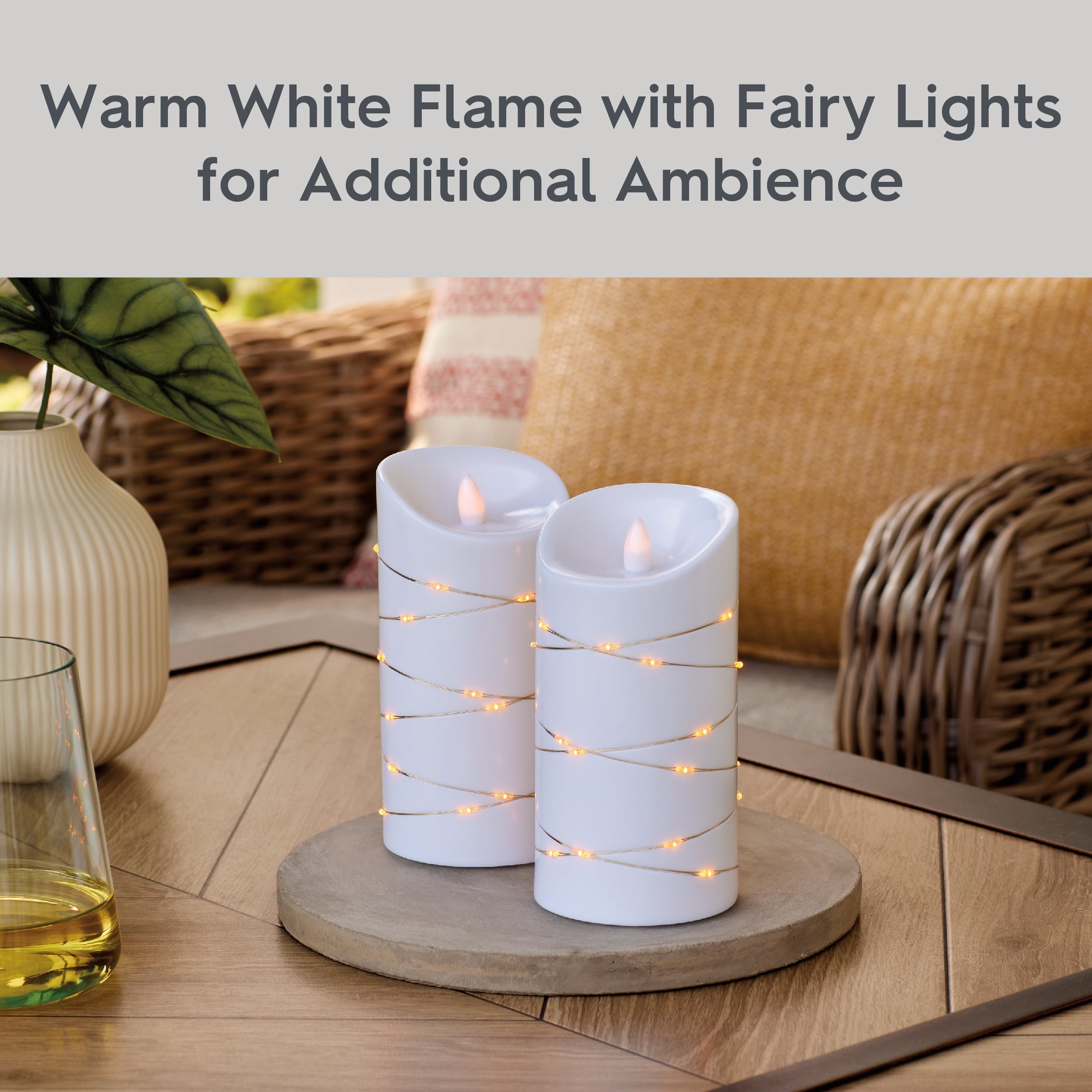 Better Homes & Gardens 2PK Flameless LED Pillar White Candles, 3"Dia. x 6"H, 0.34 lb Weight each
