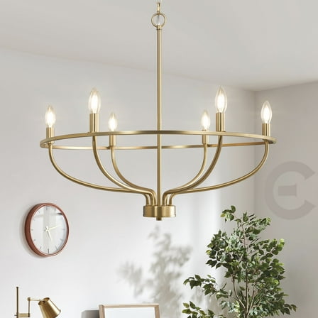 6 Light Gold Chandelier, Brushed Gold Light Fixture Dining Table Candle Brass Chandelier Lighting for Bedroom Hallway Entryway Living Room Kitchen 29in Brushed Brass Chandeliers