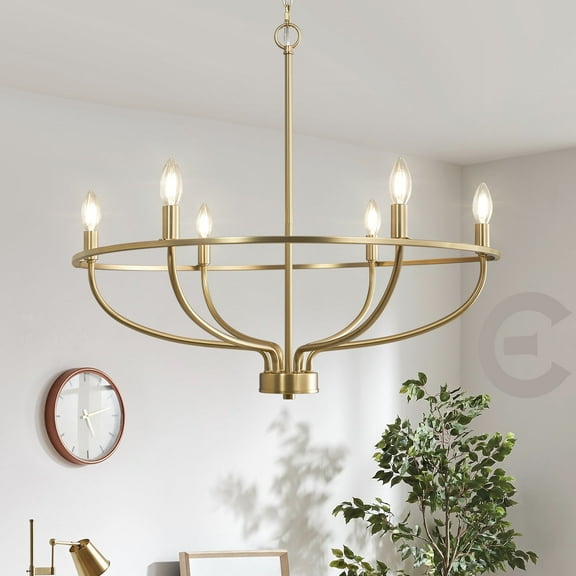 6 Light Gold Chandelier, Brushed Gold Light Fixture Dining Table Candle Brass Chandelier Lighting for Bedroom Hallway Entryway Living Room Kitchen 29in Brushed Brass Chandeliers