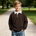 thumbnail image 2 of BLVB Boys Girls Long Sleeve Sweatshirts Kids Button Collared School Uniform Tops Drop Shoulder Pullover 3-14Y(Brown,13-14 Years), 2 of 8