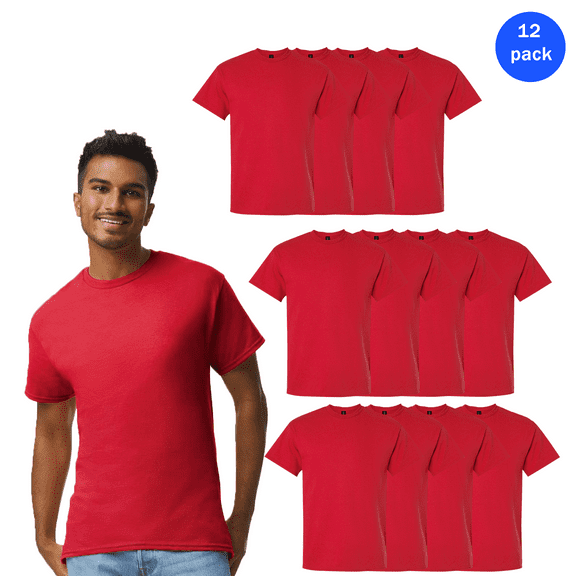 Gildan Ultra Cotton Short Sleeve T-Shirt for Men, Rib Collar Casual Red Tee, 12 Pack, S