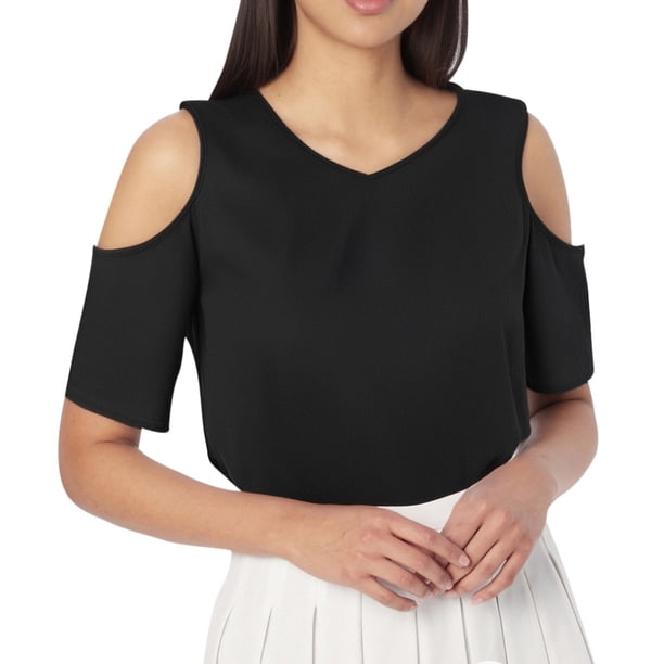 Top sexy de manga corta con cuello en V y hombros descubiertos para mujer - Corte holgado - Poliéster y spandex - Solo talla M