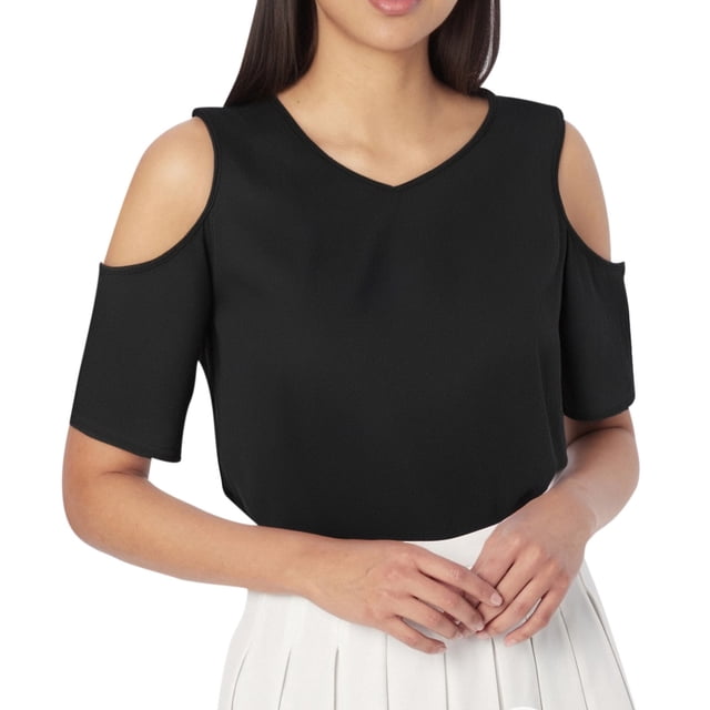 Top sexy de manga corta con cuello en V y hombros descubiertos para mujer - Corte holgado - Poliéster y spandex - Solo talla M