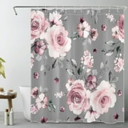 Vintage Pink Floral Shower Curtain for Bathroom, Modern Farmhouse Retro Watercolor Flower with Leaf on Grey Background Shower Curtain with Hooks,Spring Plant Bathroom Curtains Shower Set, 60x72 inches