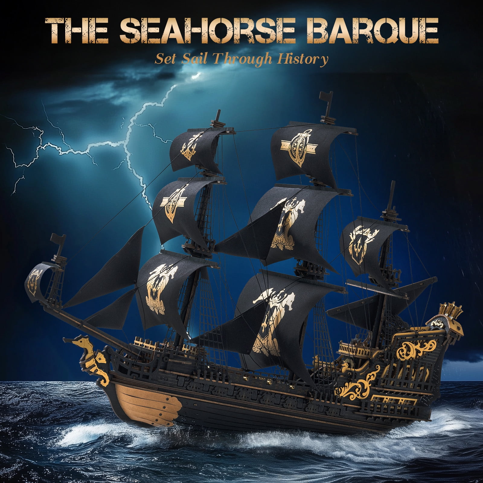 ROBOTIME Wooden 3D Puzzle - The Seahorse Barque, 1:100 Scale DIY Mechanical Building Kits Toys for Home Decor, Xmas Gifts for Adults Teens