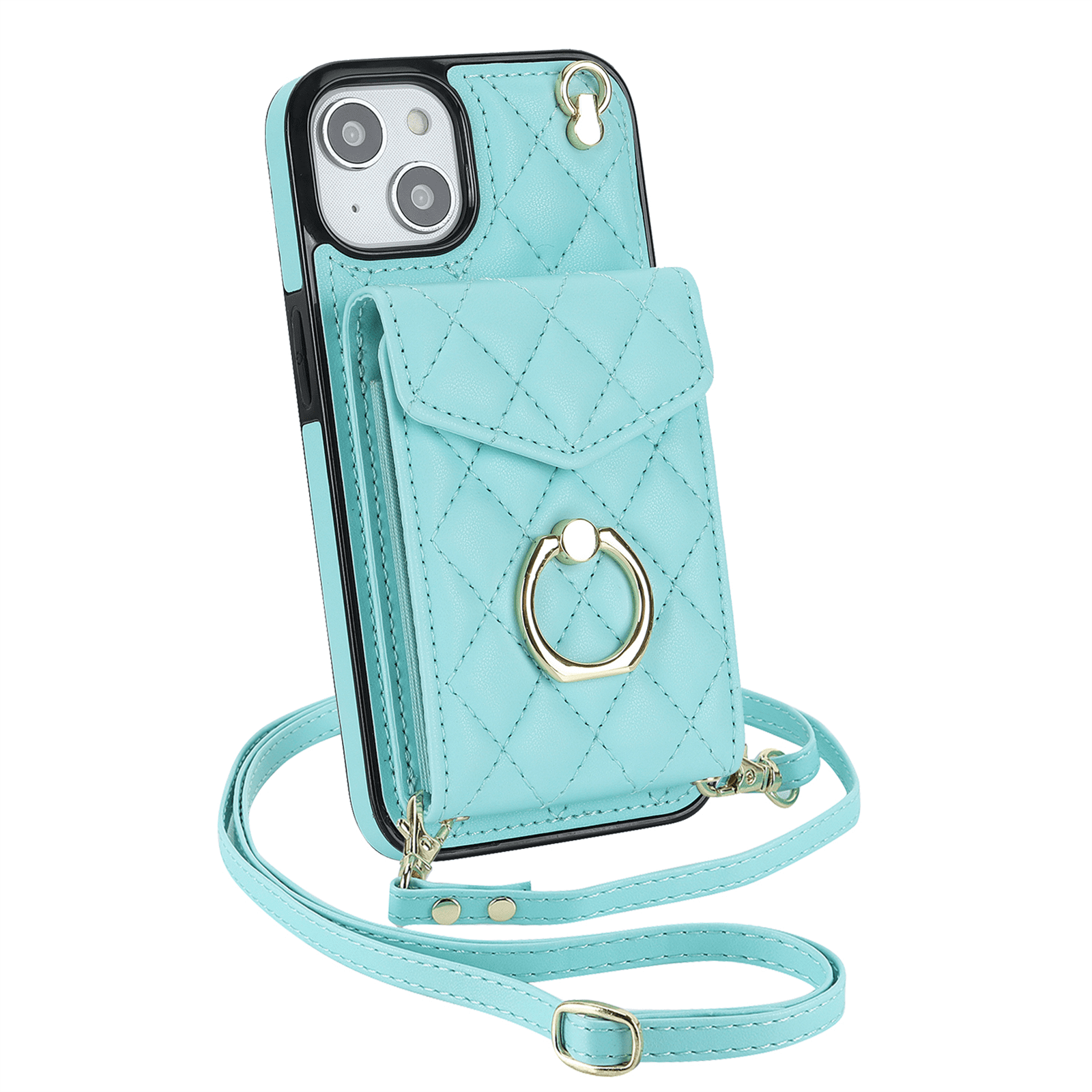 Asuwish Wallet RFID Blocking PU Leather Cell Phone Case with Tempered Glass Screen Protector, Wrist Strap for iPhone 14 Plus, Teal