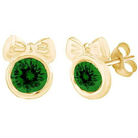 14k Gold Minnie Mouse Round Shape Simulated Green Emerald Minnie Mouse Bow Stud Earrings 14K Yellow Gold Over Sterling Silver ()