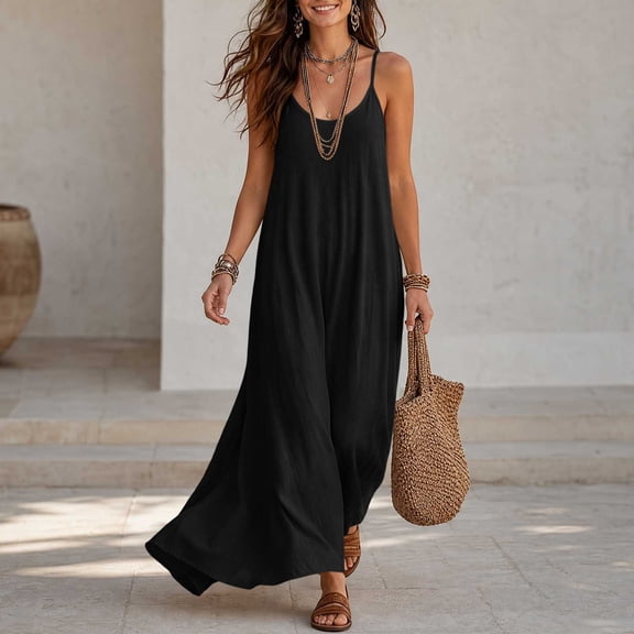 LEAVINGSUO Summer Dresses For Women Round Neck Thin Spaghetti Straps Sleeveless Skirt Solid Loose Casual Maxi Dress Black S