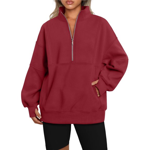 Sweatshirt for Women Fall Half Zip Pullover Oversized Fleece Mock Neck Hoodies Fashion Outfits Winter Clothing Red M