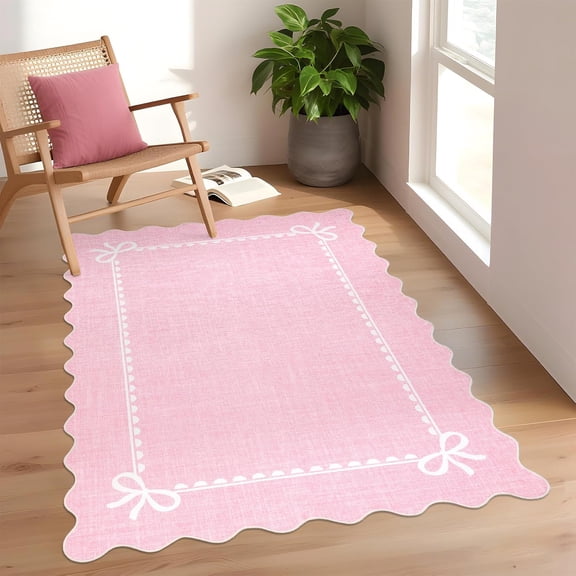 4x6 Scalloped Bow Corner Area Rug, Non Slip Washable Ultra Thin Low Pile Living Room Bedroom Carpet,pink