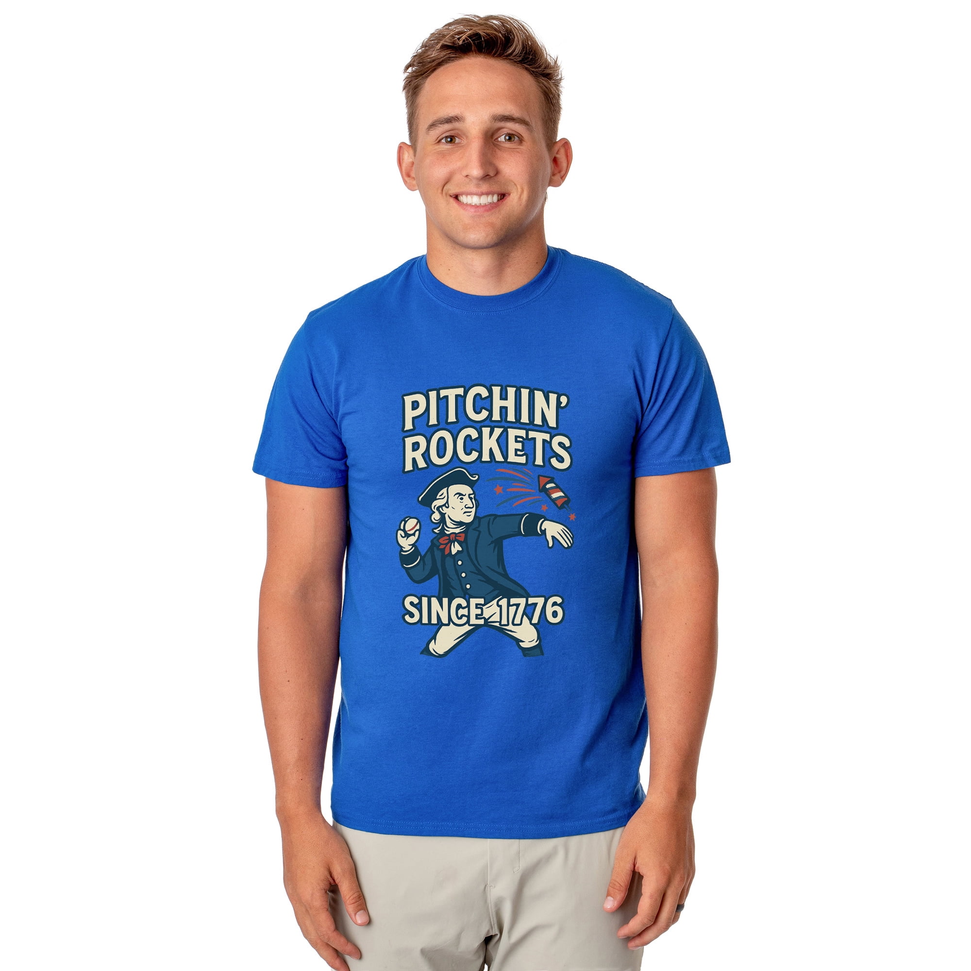 Patriotic T-Shirt Men's George Washington Pitchin' Rockets Since 1776 Adult USA Tee