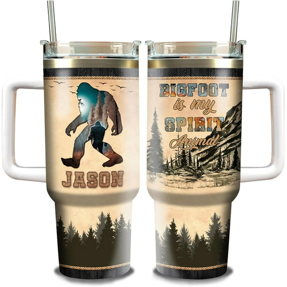 Personalized Bigfoot Cup With Lid Custom Name Tumbler 40oz with Handle and Straw Stainless Steel Double Wall Vacuum Thermos Travel Mug Birthday Christmas Presents Gift For Men Women