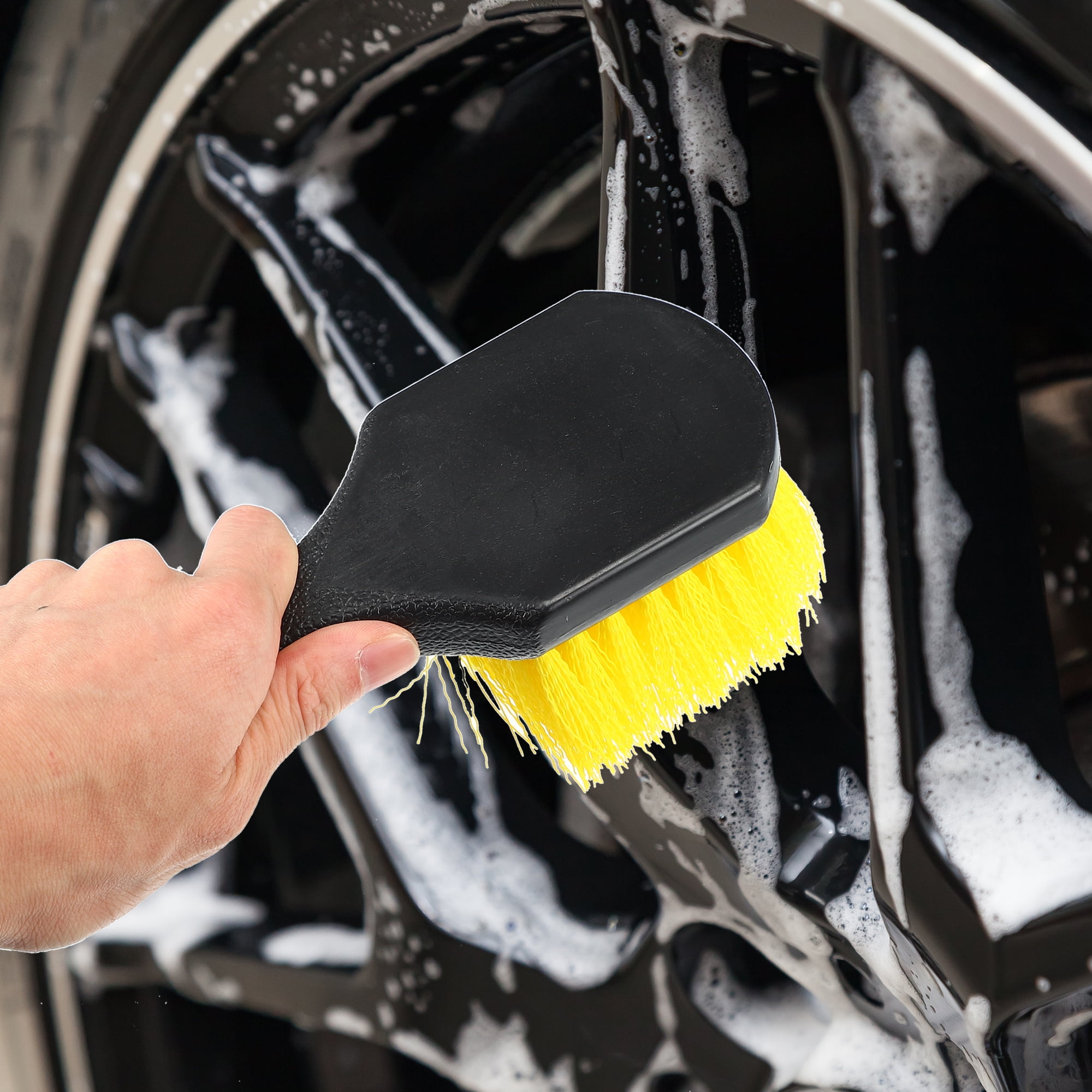 Unique Bargains Black Short Handle Wheel Tire Brush Yellow Soft Bristle Car Wash